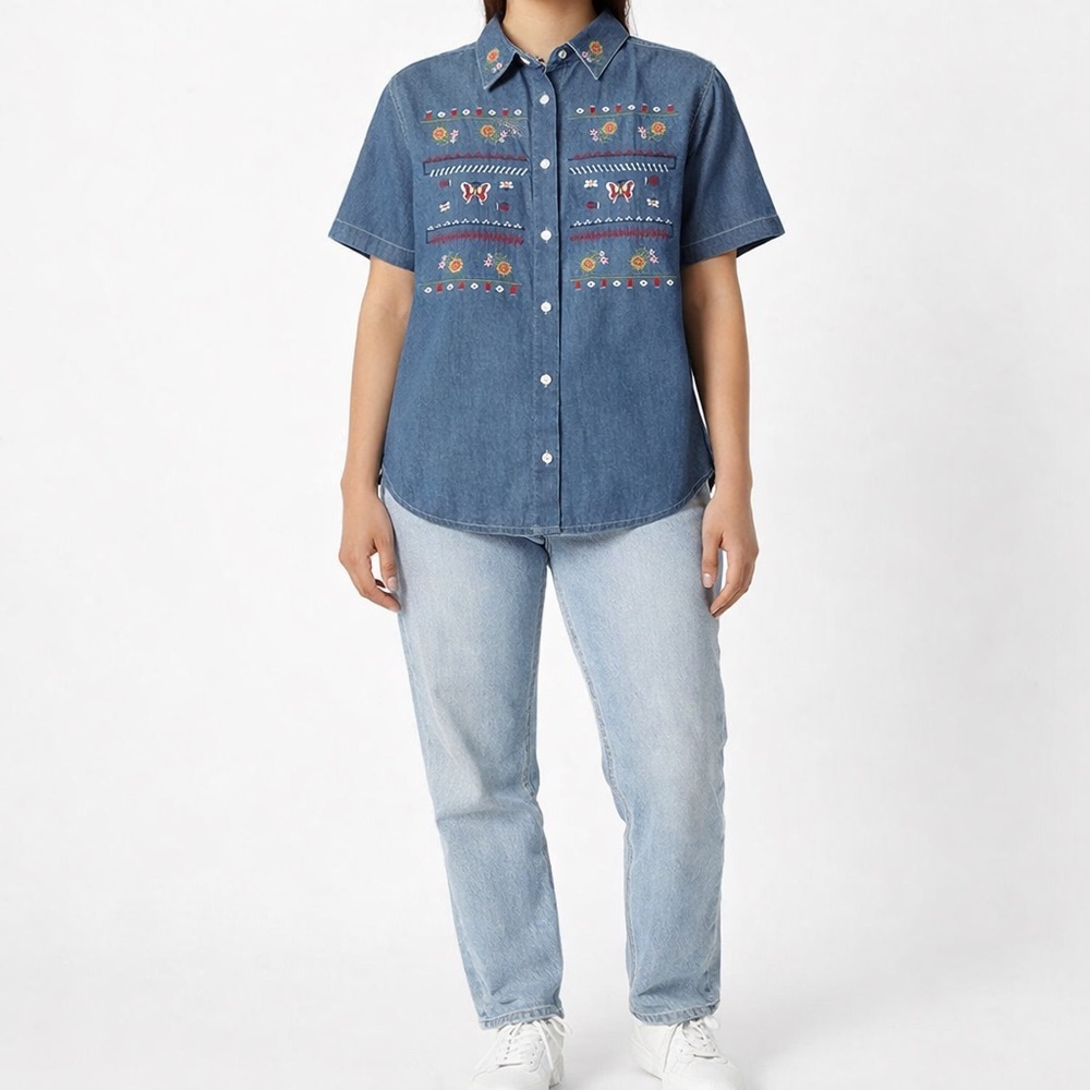 Vintage 90s Blue Blouse Embroidered Flowers Butterflies Size Medium Grandma Core